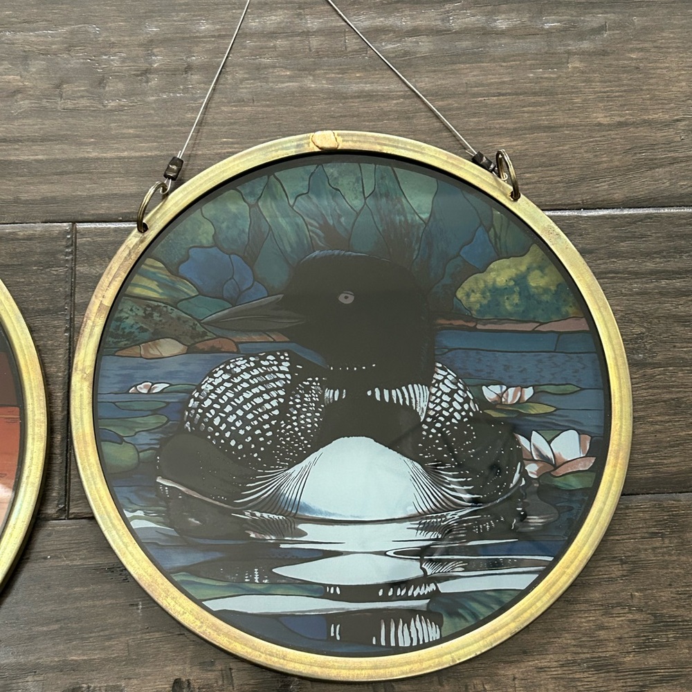 1 Pair Vtg Glassmasters The Loon Stained Glass Light Catcher Wall Hanging Copper - Picture 6 of 16